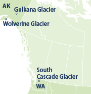 Map showing the locations of the three glaciers tracked in Figure 2.