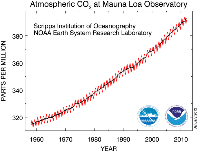 Graph with connected points that is overlayed with a trend line. The graph shows Atmospheric Carbon Dioxide at Mauna Loa Observatory measured in parts per million from 1960 to just beyond 2010. The points show regular mild variation within a short period of time (possibly seasonal), but the parts per million increases steadily from just below 320 parts per million in 1960 to over 390 parts per million around 2010.