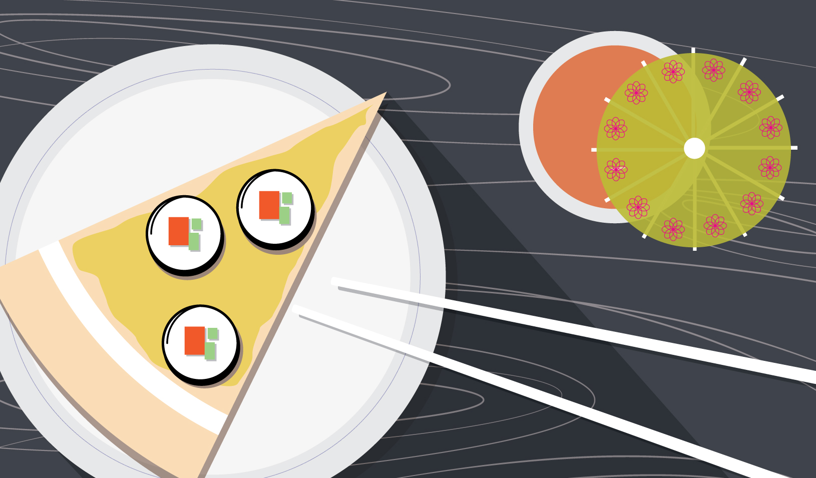 Illustration of pizza with sushi toppings and chopsticks | Tricia Seibold