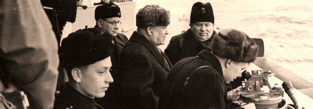 Nikita Khrushchev, first secretary of the Soviet Communist Party, and Nikolai Bulganin, Soviet premier, on board the cruiser Ordzhonikidze, April 1956 (Voenno-Morskoĭ Flot Photographs, Box 1, Hoover Institution Archives)