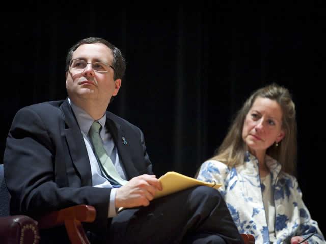 Associate Attorney General Tom Perrellii and Susan B. Carbon, Director for the Office on Violence Against Women (OVW), at a town-hall style discussion at Benjamin Banneker Academic High School in Washington, D.C. The event wrapped up a month's worth of events in recognition of Sexual Assault Awareness Month.