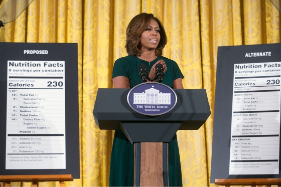 First Lady Michelle Obama delivers remarks announcing proposed revisions to the Nutrition Facts label during a "Let's Move!" event in the East Room of the White House, Feb. 27, 2014.