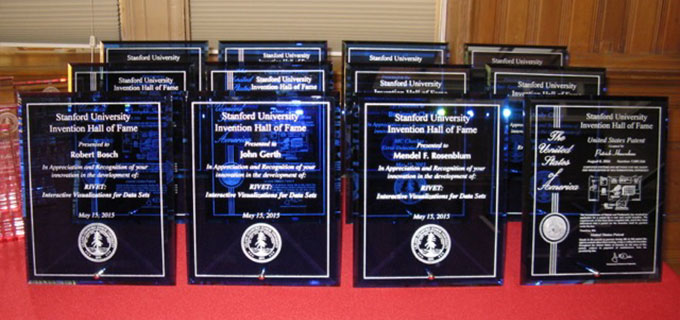 award plaques for Stanford's 2015 invention hall of fame inductees