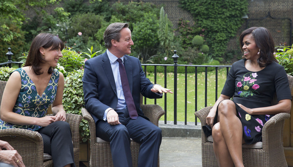 <p>First Lady Michelle Obama meets with Prime Minister David Cameron and his wife Samantha Cameron for tea at 10 Downing Street, London, England, June 16, 2015. (Official White House Photo by Amanda Lucidon) <br />
<br />
This official White House photograph is being made available only for publication by news organizations and/or for personal use printing by the subject(s) of the photograph. The photograph may not be manipulated in any way and may not be used in commercial or political materials, advertisements, emails, products, promotions that in any way suggests approval or endorsement of the President, the First Family, or the White House.</p>