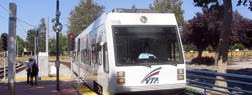 Front of VTA bus stopped at a plaform