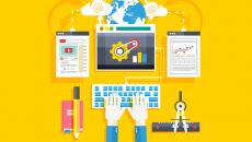 Vector image concept of online education: hand on computer keyboard, notepad, compass, yellow background