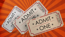 Vector image of three vintage "Admit One" tickets with orange background.