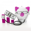 Piggy bank wearing glasses with bar graph, stethoscope and dollar bill