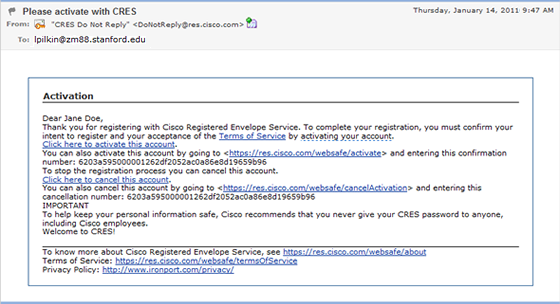 email with link to activate Cisco Registered Envelope Service account