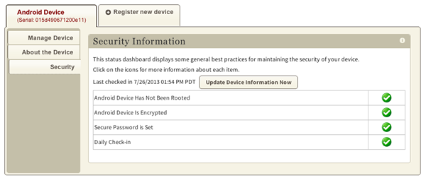 Security information tab with a visual display of your security status