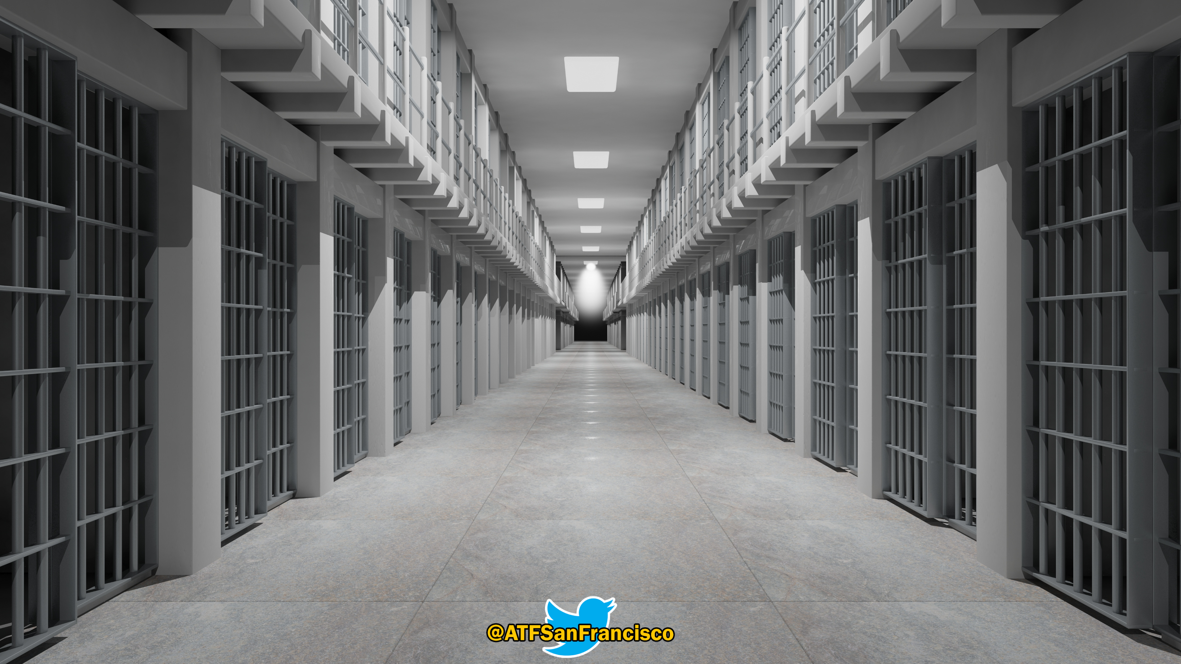 An image of a jail cell.  In the center of the image is the ATF San Francisco twitter handle.  The handle consists of the blue twitter bird and the @ sign with the words ATF San Francisco. 