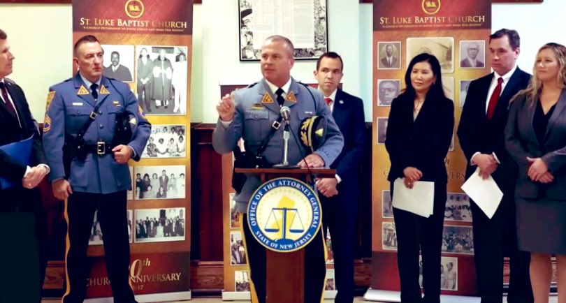 NJSP Superintendent Colonel Patrick Callahan at a podium during press conference. Other law enforcement officials to his left and right. 

15 Alleged Members of a Paterson Gun Trafficking Ring Charged with Transporting Guns from South Carolina for Illegal Sale in NJ. Proud to have protected the public with great partners @NewJerseyOAG @NJSP NJ DCJ. #NoBetterPartner