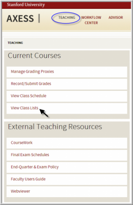 screenshot of axess teaching menu