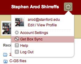 Image showing the path to the Get Box Sync link on Stanford's Box.com site