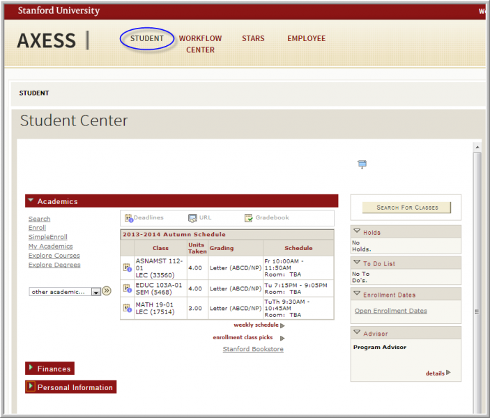 Screenshot of the Student Center in Axess