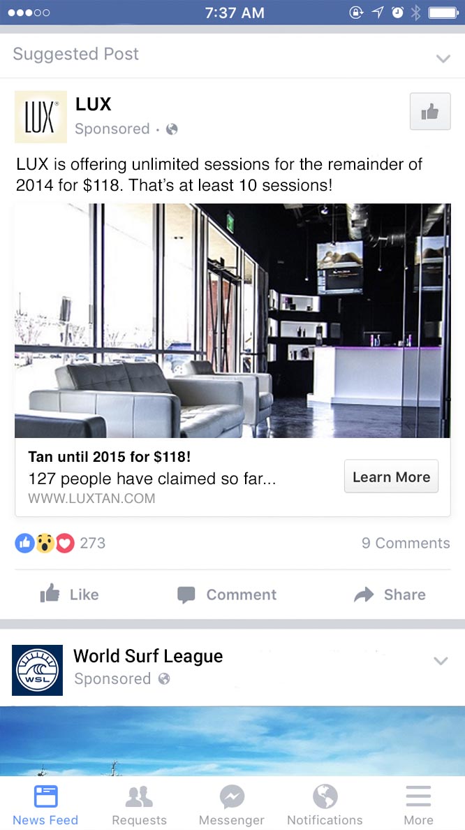 Ejemplo de un anuncio de Facebook para móviles de la empresa LUX que utiliza el objetivo de solicitudes de ofertas.