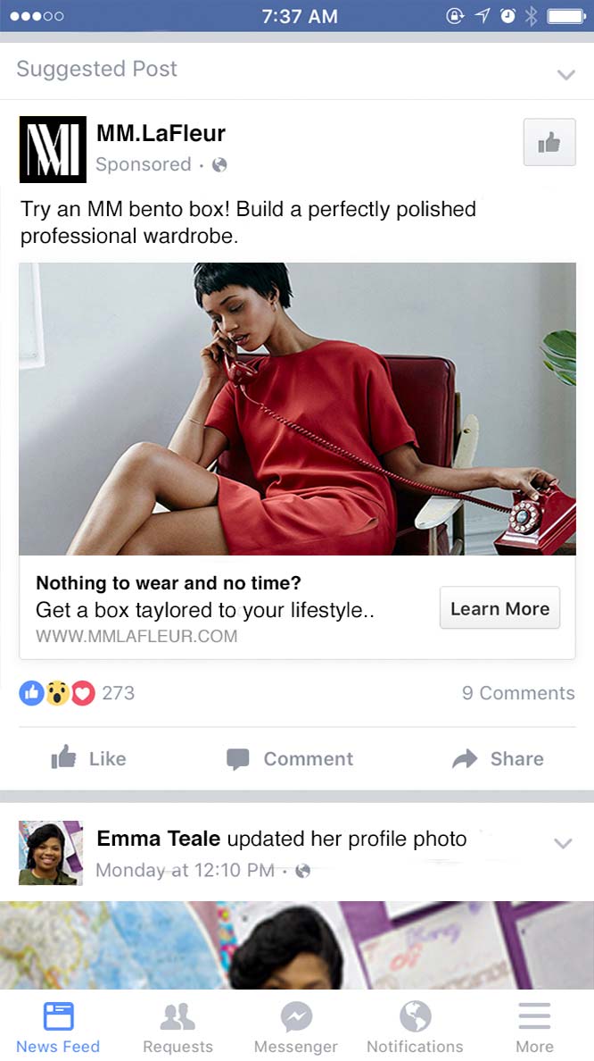 Ejemplo de un anuncio de Facebook para móviles de la empresa MM.LaFleur que utiliza el objetivo publicitario de conversiones en el sitio web.