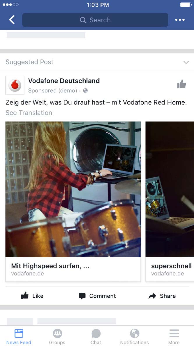 Un exemple de publicité vidéo Facebook sur appareil mobile de Vodafone Allemagne
