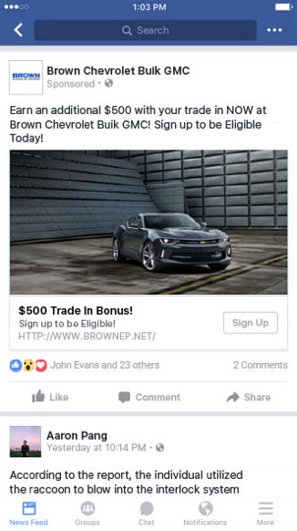 Exempel på en Facebook-annons på mobila enheter från Brown Chevy