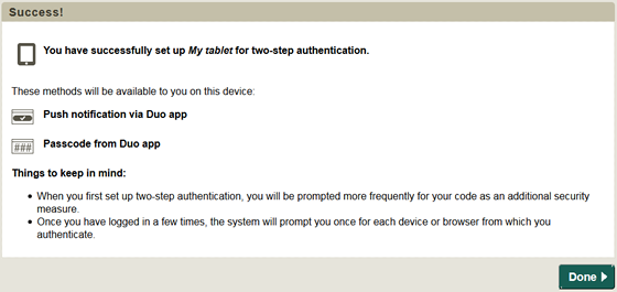 confirmaton that your tablet has been successfully set up for two-step authenticaton