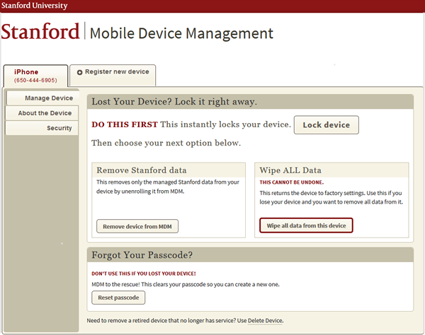 The Manage Device panel enables you to manage your device if you lose it