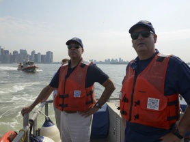 Secretary of Homeland Security Jeh Johnson and Capt. Michael Day, Commander Coast Guard Sector New York, take a tour of New York Harbor aboard 45-foot Response Boat. The U.S. Coast Guard safeguards our nation’s waterways and protects our interests around the world.