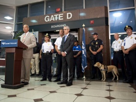 Secretary of Homeland Security Jeh Johnson participates in a media availability at Washington, D.C.’s Union Station with Transportation Security Administration (TSA) Administrator Peter Neffenger and Amtrak Chief of Police Polly Hanson to highlight safety and security efforts related to our Nation’s passenger rail system.