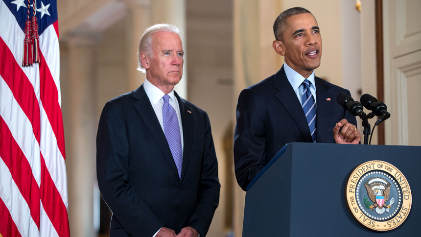 President Barack Obama, with Vice President Joe Biden, delivers a statement on the Iran nuclear agreement in the East Room of the White House, July 14, 2015