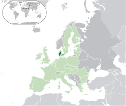 Location of Denmark proper[N 2] (dark green) – in Europe (green & dark grey) – in the European Union (green)