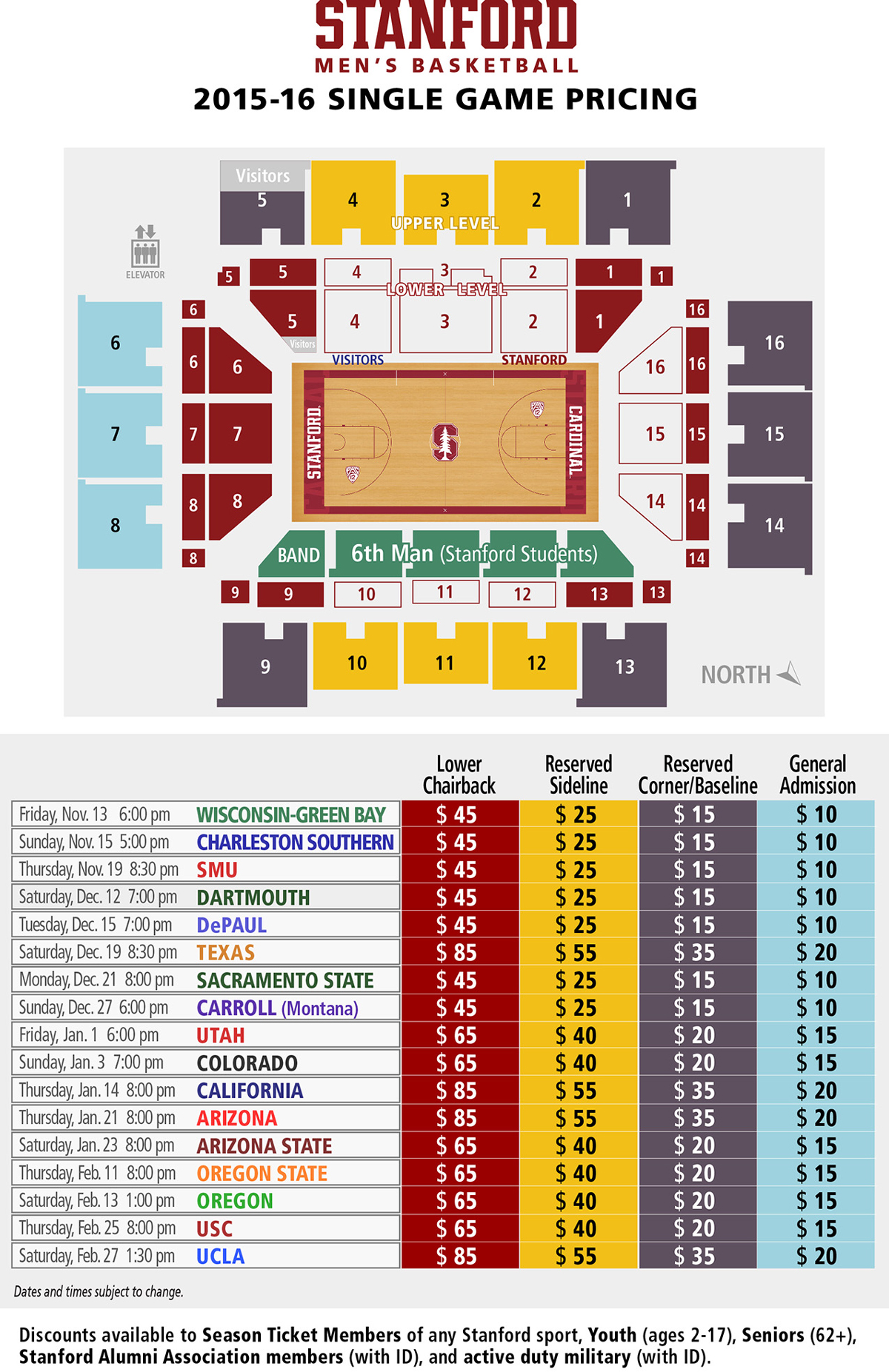 2015-16 Stanford Men's Basketball Single Game Pricing Map