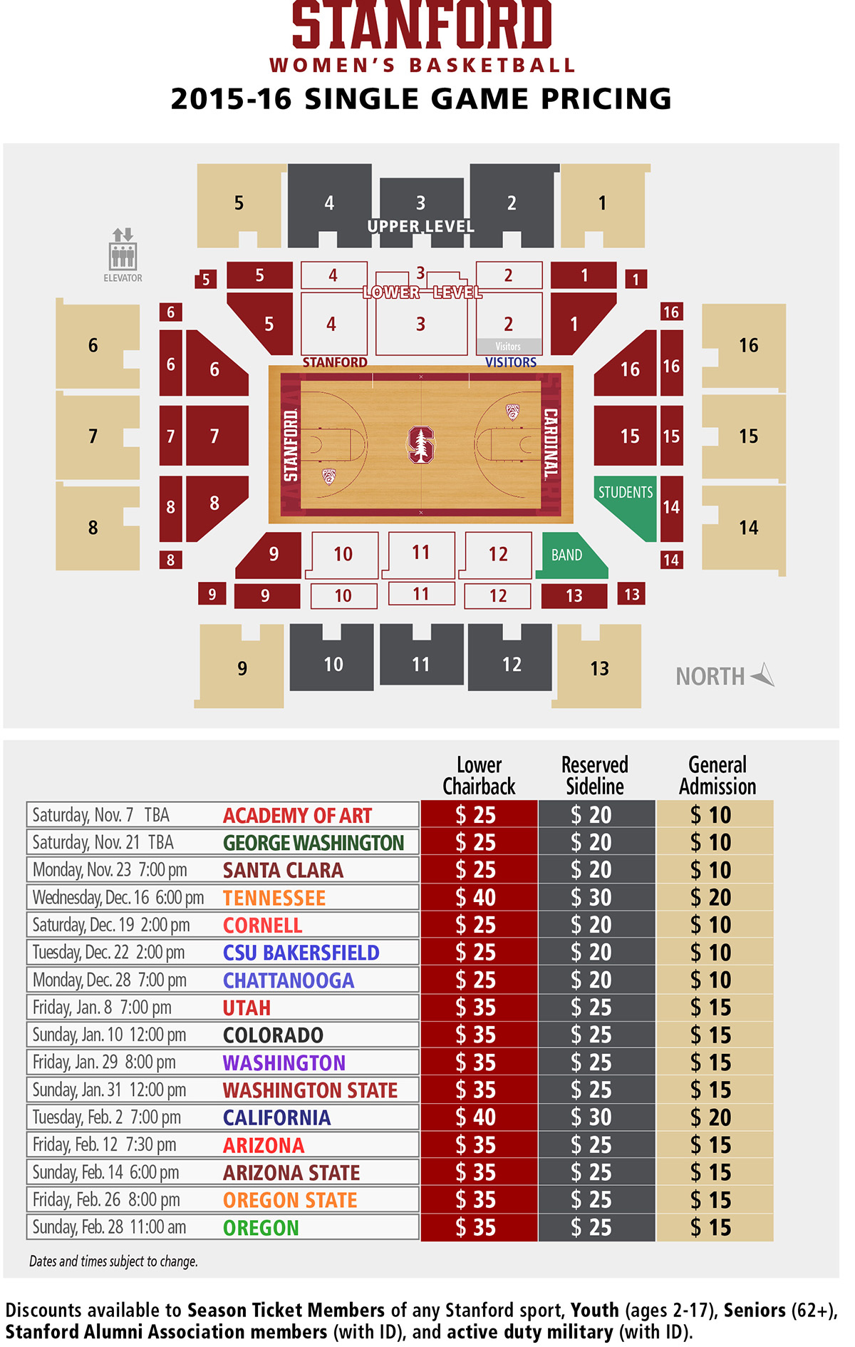 2015-16 Stanford Women's Basketball Single Game Pricing Map