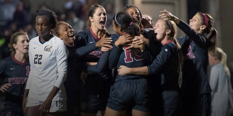 Stanford celebrates Alana Cook's goal. (Photo by Jim Shorin)