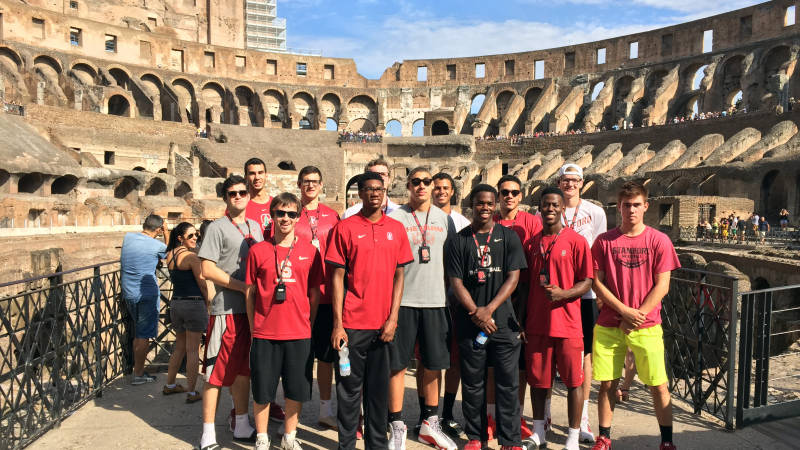 The Cardinal explored the Coliseum in Rome.