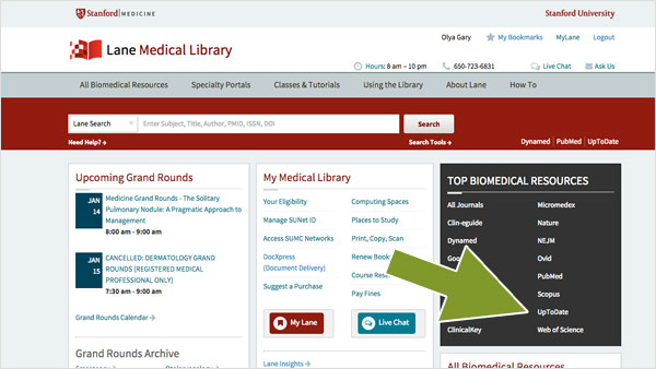 A screenshot of Lane Library homepage with arrow pointing to UptoDate link