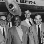 l to r: Jim Cullum Sr., Willson Davis, Louis Armstrong, Harvey Kindervater, and Jim Cullum Jr., 1965.