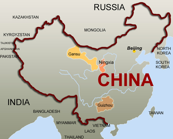 Map of China highlighting Guizhou, Gansu and Ningxia provinces