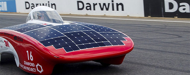 The Stanford solar car at the racetrack in Darwin, Australia, for the 2013 Bridgestone World Solar Challenge.