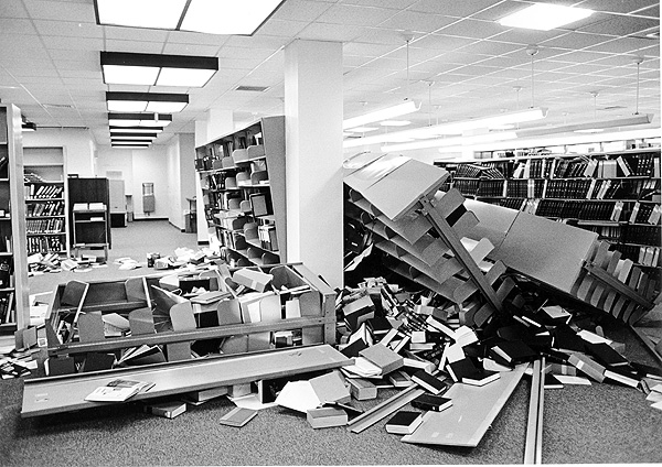 The Graduate School of Business Library after the Loma Prieta Earthquake of 1989.