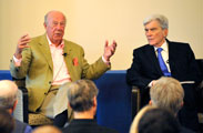 Photo: of former Secretary of State George Shultz and former U>S> Sen. John Warner. Photo by Silvia Flores