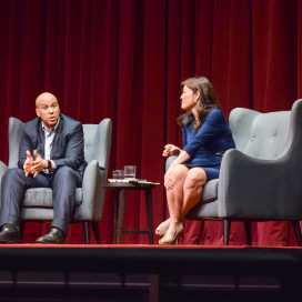 Cory Booker discussed politics and his time at Stanford on Saturday with "Nightline" anchor Juju Chang. (ERICA EVANS/The Stanford Daily)