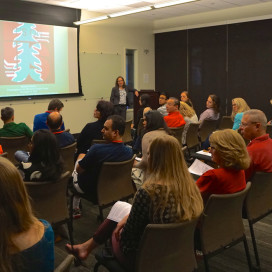 Professor Michelle Dauber and Alexis Kallen '18 spoke to parent about sexual violence at Stanford. (MCKENZIE LYNCH/The Stanford Daily)