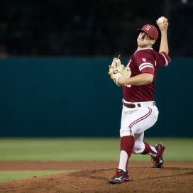 Sophomore Colton Hock (above), the defending Pac-12 Pitcher of the Week, notched a four-inning save in the Cardinal's Thursday afternoon victory over Vanderbilt in another shutout, 2-hit outing against the most powerful lineup in the country. Stanford went on to drop the last two games of the series. (BOB DREBIN/isiphotos.com)