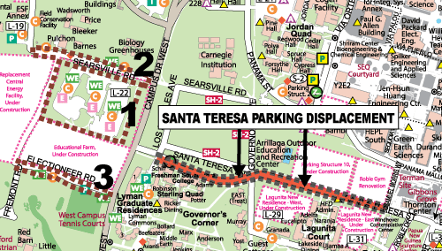 Map showing Santa Teresa Street parking displacement and parking alternatives