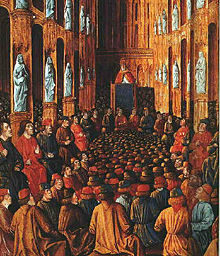 Colored painting showing a large congregation of bishops listening to the Pope