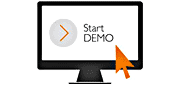 Image of a computer monitor; on the monitor, the text 'Start DEMO' on the right, a button with an orange arrow pointing to the text to the right, and an orange mouse cursor (off monitor screen) about to click the 'Start DEMO'
