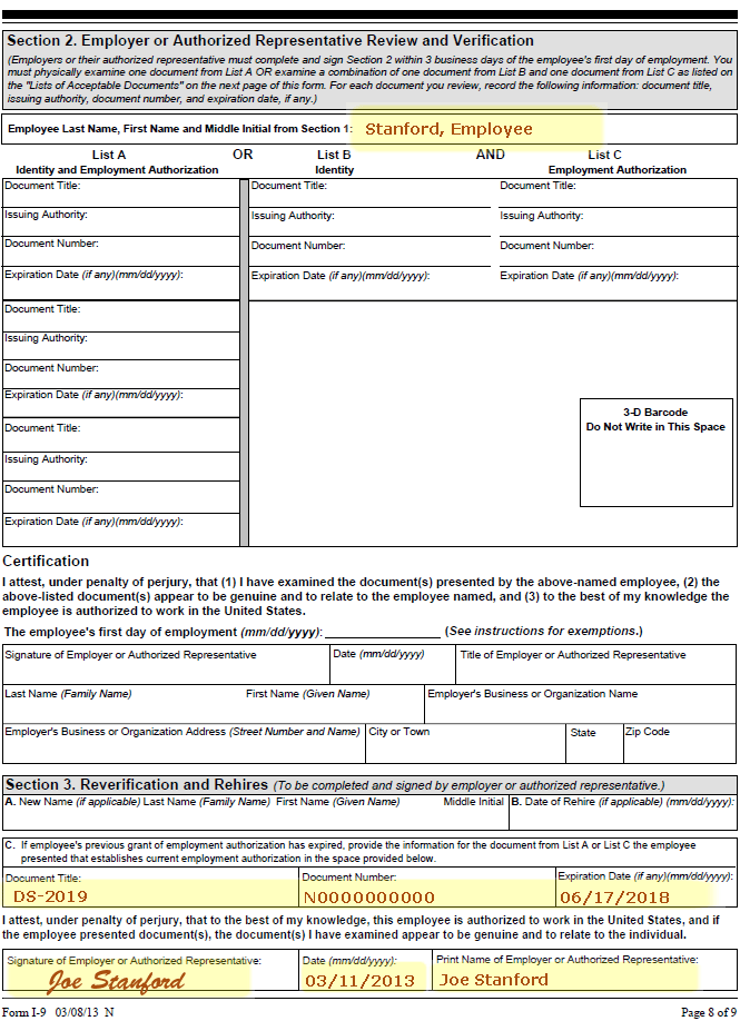 Example of updated Form I-9 for DS-2019, page 8