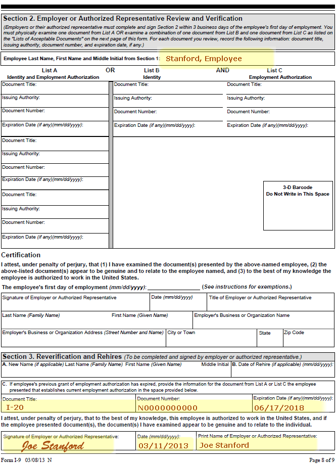 Example of updated Form I-9 for I-20, page 8