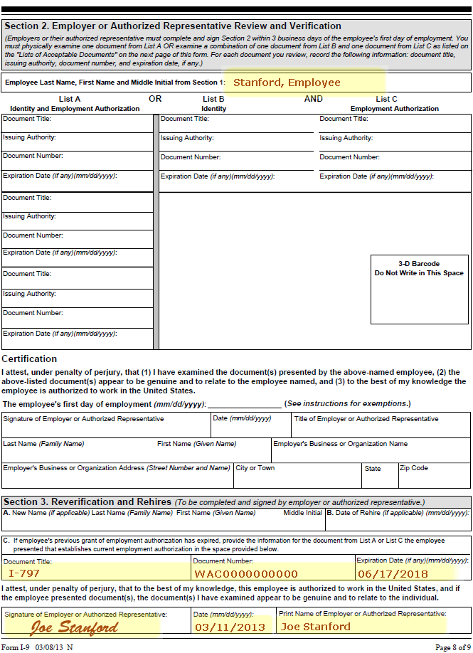 Example of updated Form I-9 for I-797, page 8
