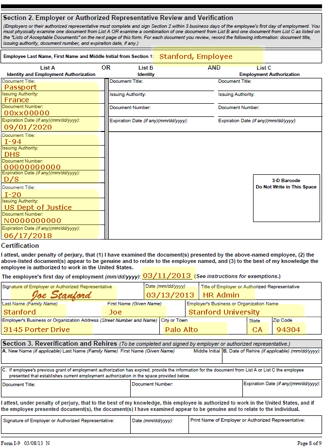 Example of Completed Form I-9 for Foreign Passport, with Form I-94 and an I-20 (List A), page 8