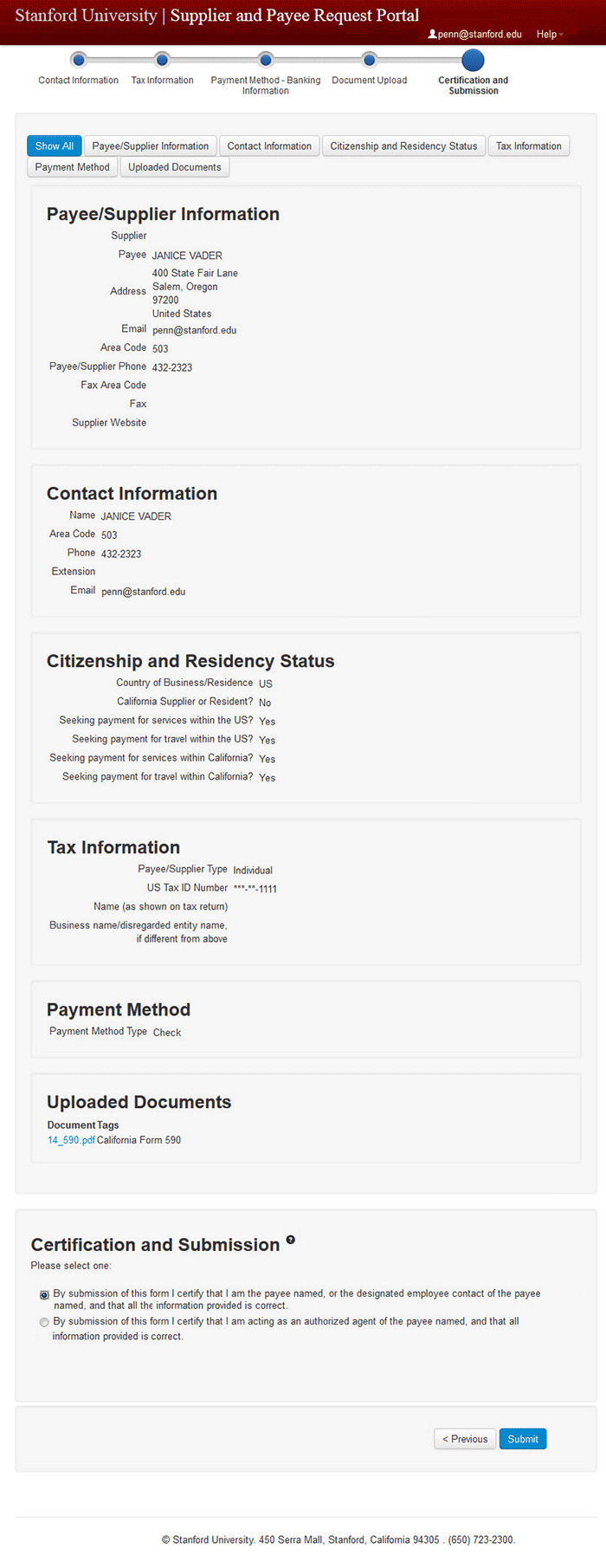 screen shot - certification and submission screen with example entries